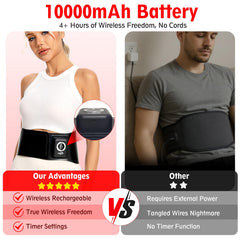 Huwoony Wireless Red Light Therapy Belt wrapped on back for portable relief.