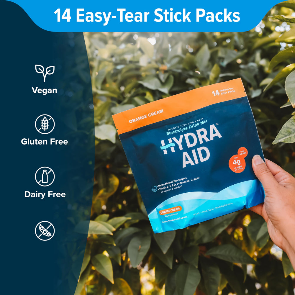 HYDRA AID ingredients panel shows electrolytes with potassium and copper