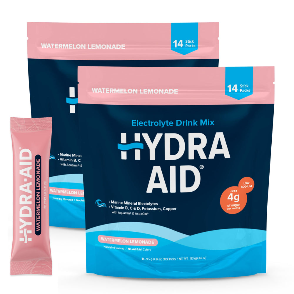 HYDRA AID low-sodium electrolyte packets with lemonade-watermelon label for balanced hydration
