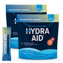 HYDRA AID low-sodium electrolyte stick in raspberry-blue lemonade flavor for on-the-go hydration.