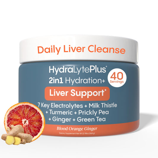 HydraLyte Liver Support bottle front view, ready for quick hydration on the go.