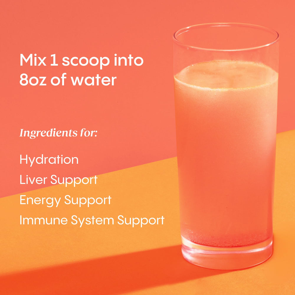 HydraLyte Liver Support glass with citrus aroma and ready-to-drink suggestion.