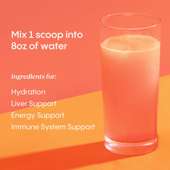 HydraLyte Liver Support glass with citrus aroma and ready-to-drink suggestion.
