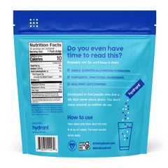 HYDRANT Hydrate Zero Sugar Berry Burst in a glass emphasizes refreshing flavor and quick hydration.