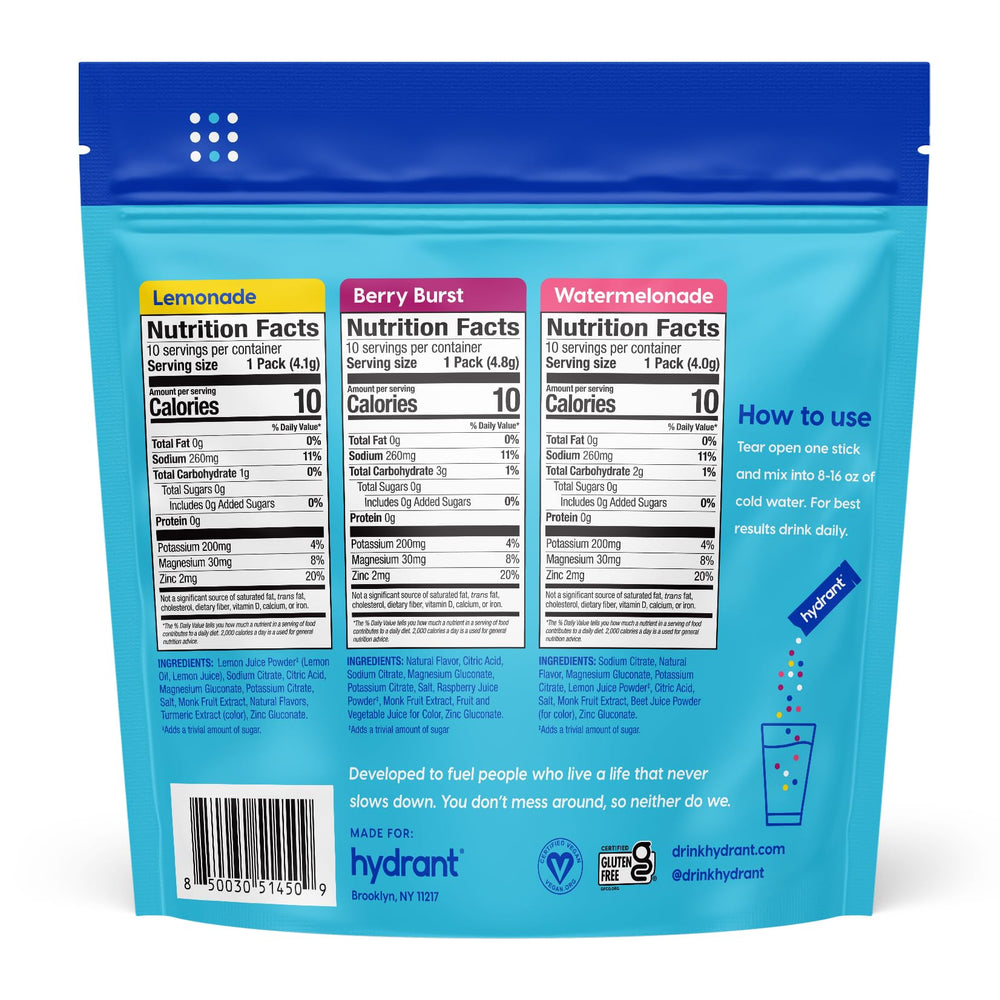 HYDRANT Hydrate variety-pack packets displayed in a kitchen drawer.