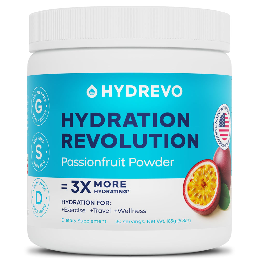 Hydrevo electrolyte powder tub ready for daily hydration.