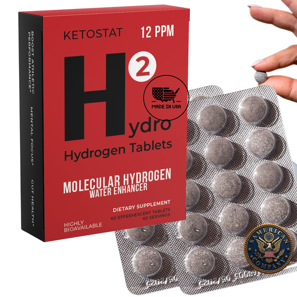HYDRO HYDROGEN TABLETS dissolving in a bottle to create hydrogen-enriched water.