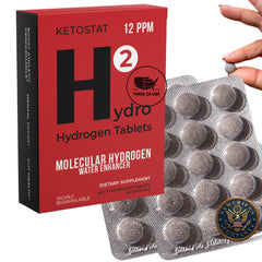 HYDRO HYDROGEN TABLETS dissolving in a bottle to create hydrogen-enriched water.
