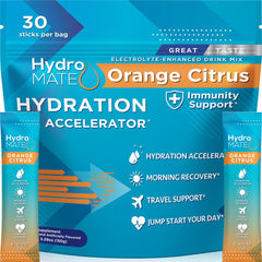 HydroMATE electrolytes orange packets for fast hydration on the go.