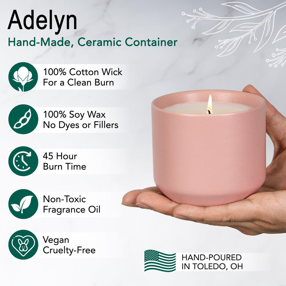 Hyggelight Adelyn pink ceramic pot showing elegant, eco-friendly candle design.