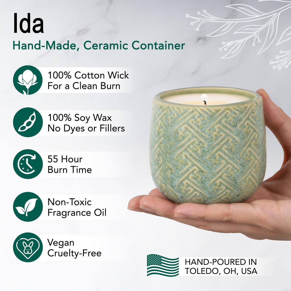 Hyggelight Ida green ceramic pot closeup, reusable container ideal for repurposing after burning.