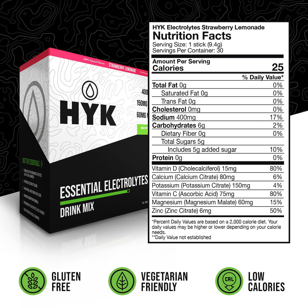 HYK Essential Electrolytes packets pouring into a glass for quick rehydration