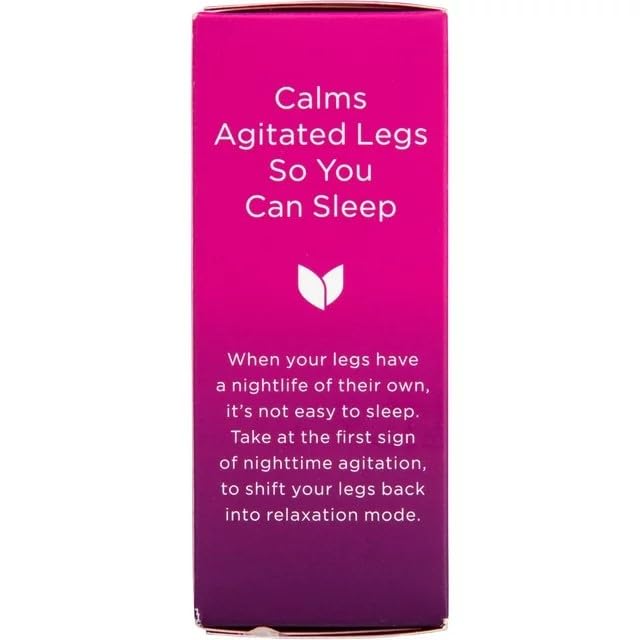 Hyland's Restful Legs bottle on nightstand for nighttime use.