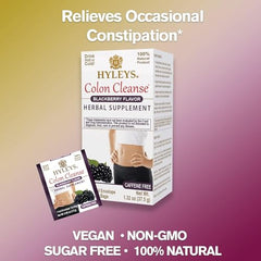 Hyleys Colon Cleanse Tea blackberry flavor tea bags in tray emphasize easy preparation.