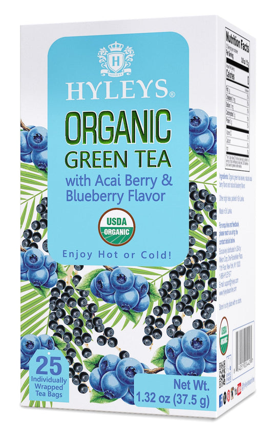 Hyleys box of Acai Berry Blueberry tea for quick, refreshing moments.