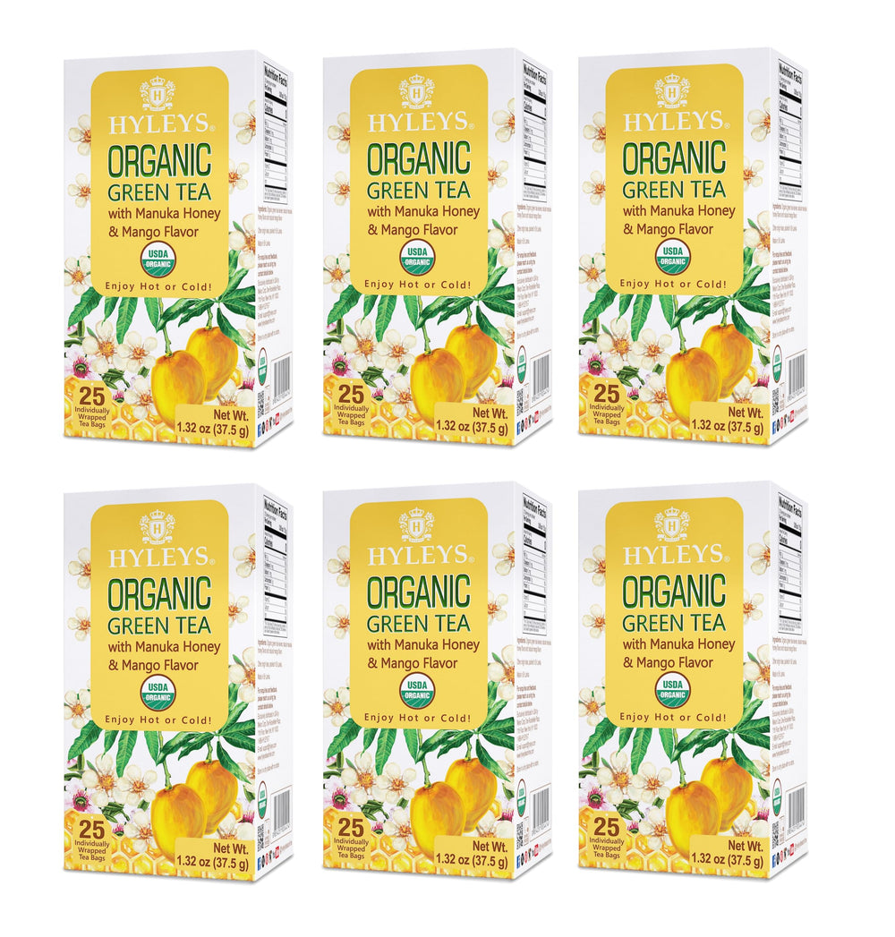 Ingredient label on Hyleys tea shows organic green tea base and mango hint