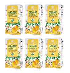 Ingredient label on Hyleys tea shows organic green tea base and mango hint
