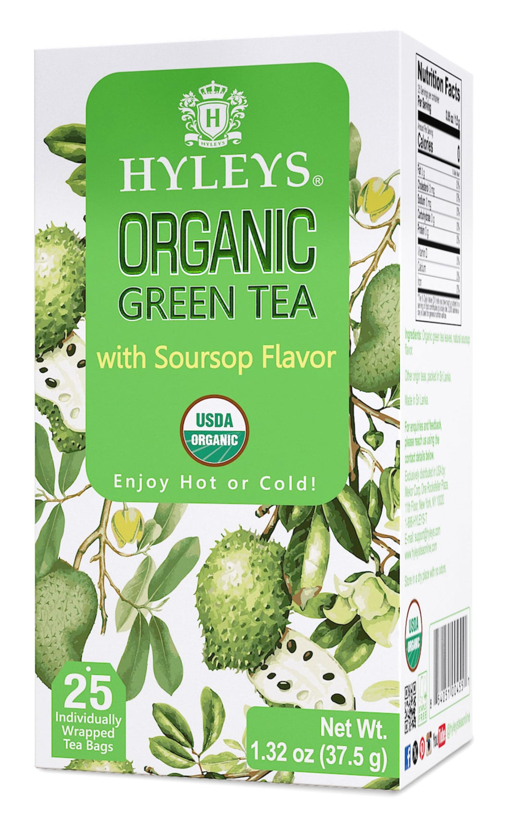 Hyleys Organic Green Tea Soursop Flavor packaging with 25 bags for convenient daily brewing.
