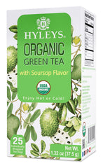 Hyleys Organic Green Tea Soursop Flavor packaging with 25 bags for convenient daily brewing.