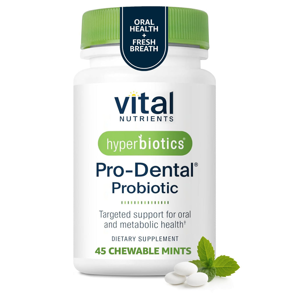 Hyperbiotics Pro Dental bottle with mint chewables for fresh breath.