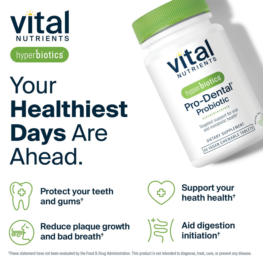 Hyperbiotics Pro Dental tablets on a clean counter for shelf-stable use.