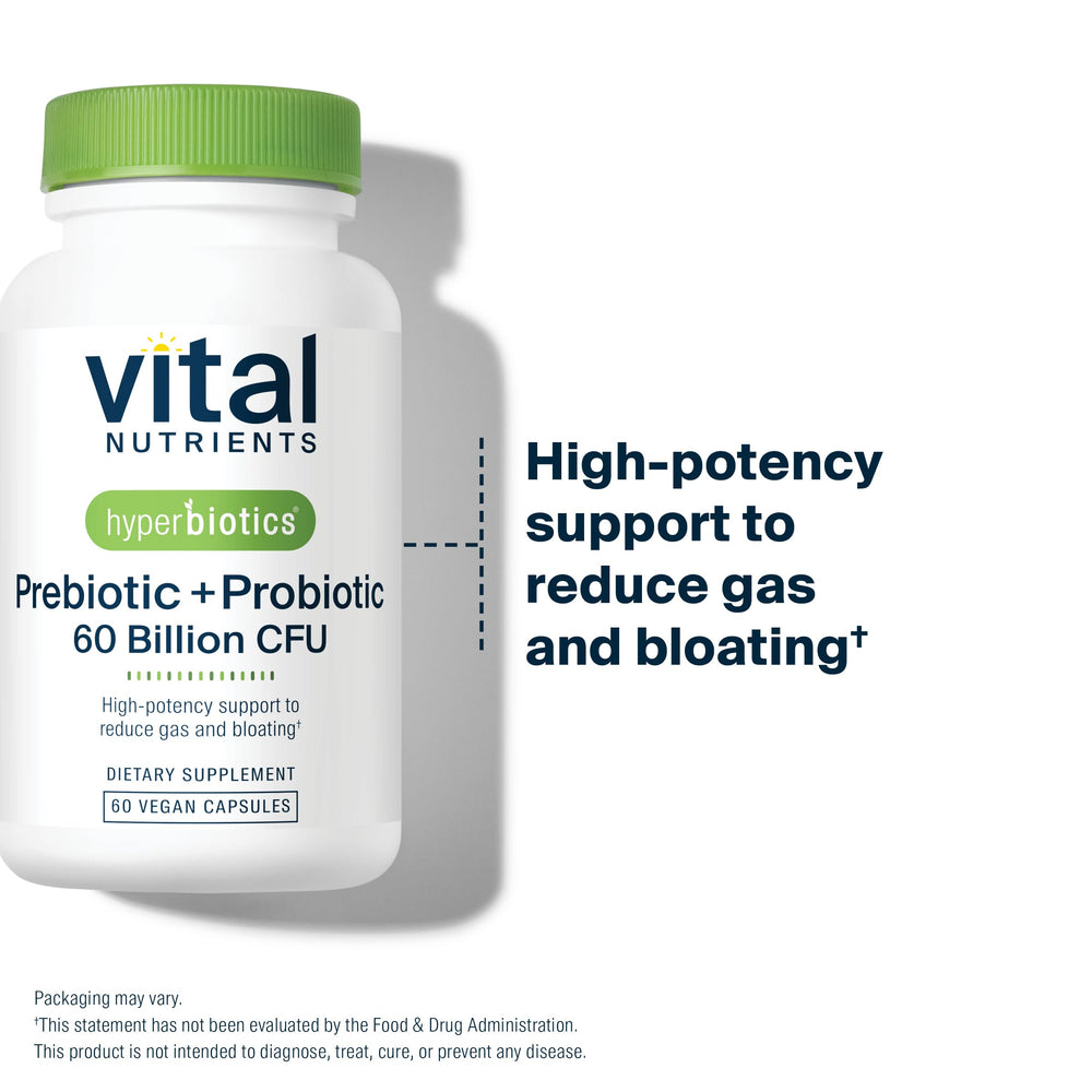 Vital Nutrients bottle on desk suggests easy, non-refrigerated daily probiotic routine