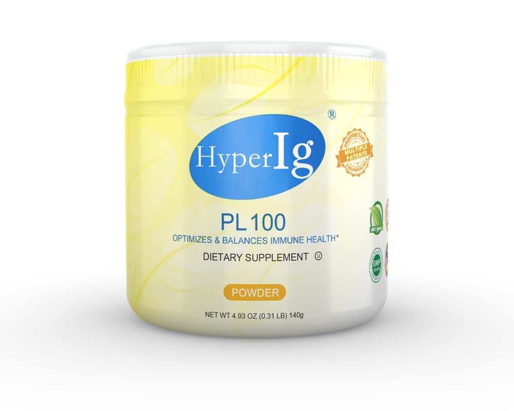 HYPERIG PL-100 canister on shelf highlighting immune support and gluten-free formula.
