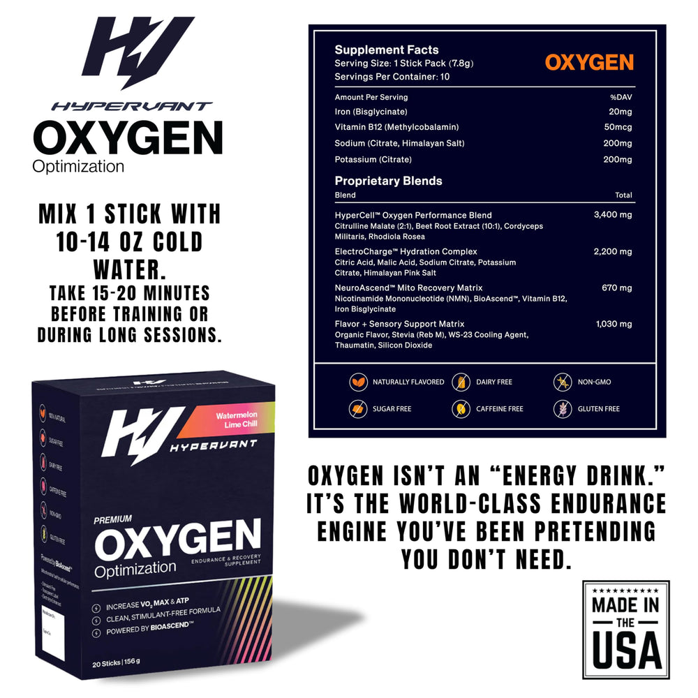 Hypervant Oxygen powder being stirred for a caffeine-free energy boost.
