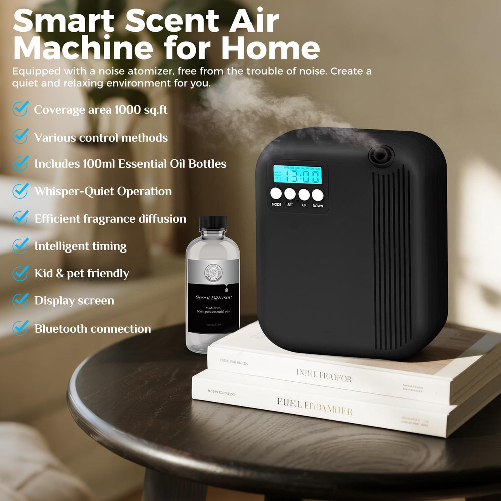 HZQVA Hotel Collection Diffuser control panel, Bluetooth setup for personalized scent schedules.