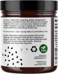 I Am Joy Co. Watermelon Seed Protein Powder being poured into a cup for smoothies.