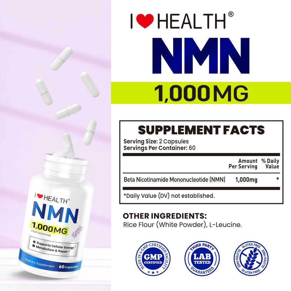 I LOVE HEALTH NMN 1000mg packaging overview showing 60 capsules for a 30-day routine