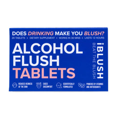 IBLUSH Alcohol Flush Tablets packaging shows a high-potency formula for pre-drinking support.
