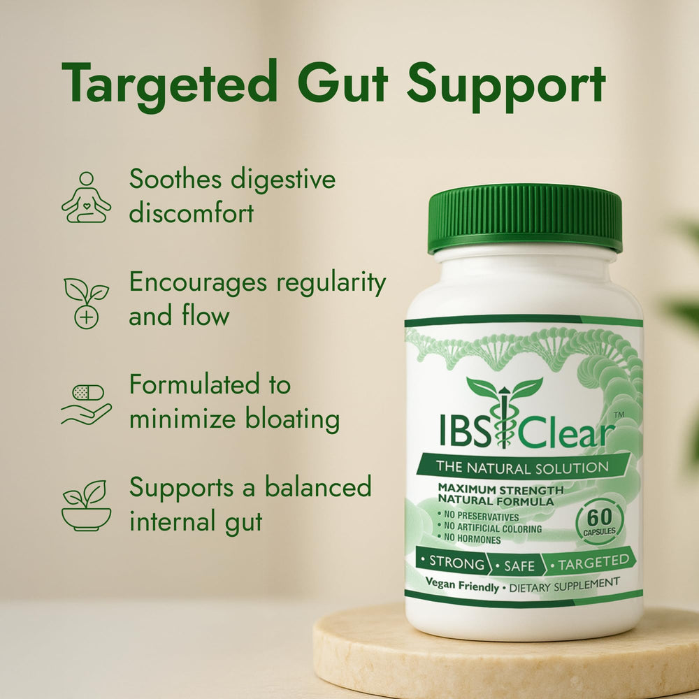IBS Clear packaging highlights peppermint and fennel herbs for soothing digestion