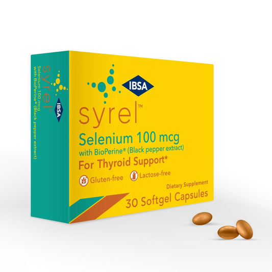 Ibsa Syrel thyroid support softgel bottle for daily selenium intake.