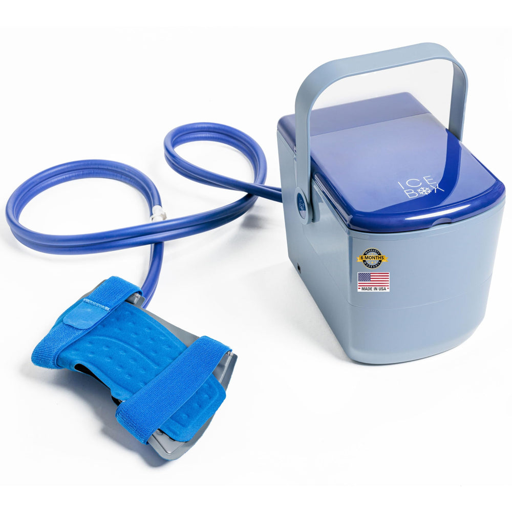 Ice Box knee wrap with secure strap demonstrates snug fit during activity.