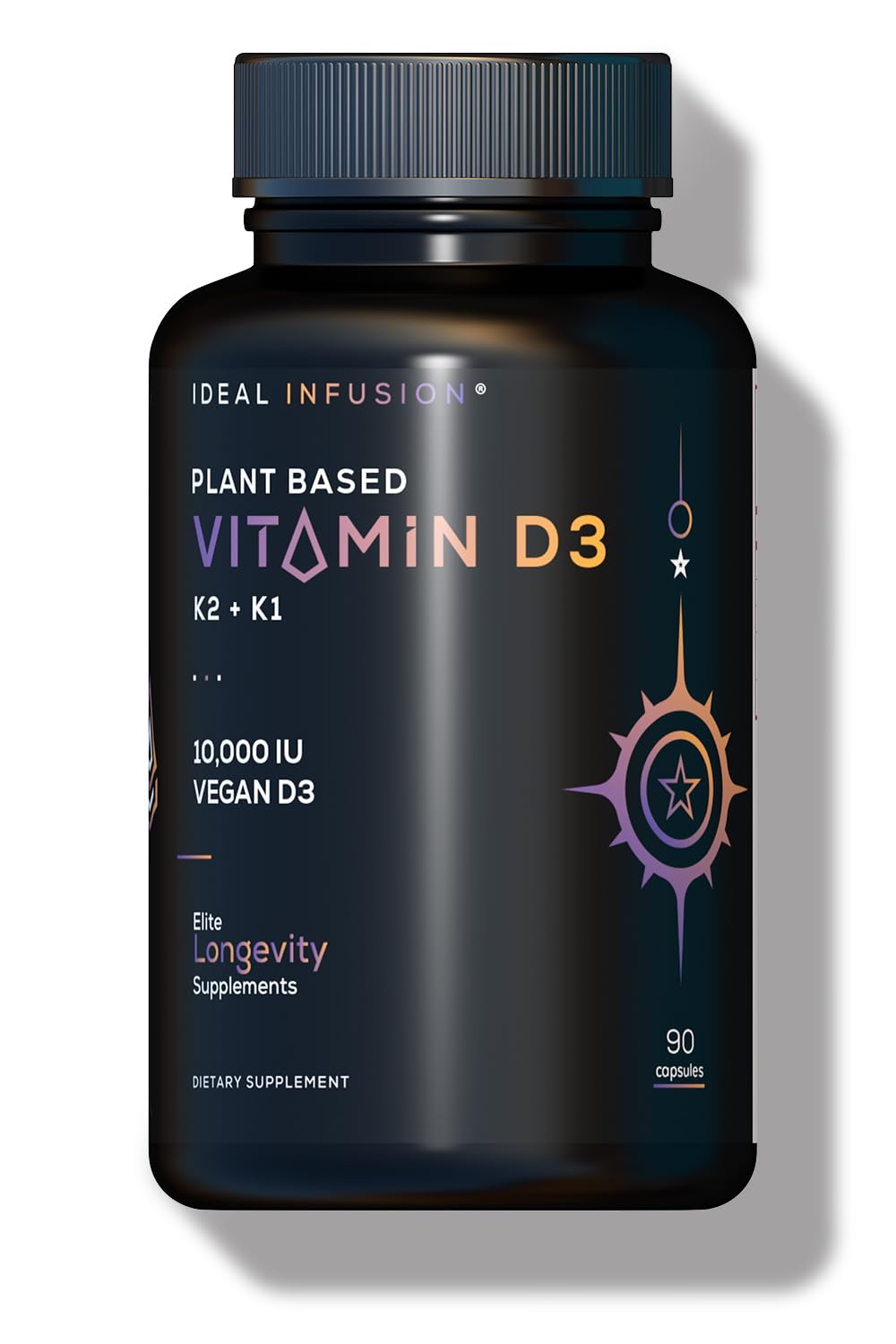 Ideal Infusion bottle front shows vegan D3 + K2 + K1 formula for immune support and bone health