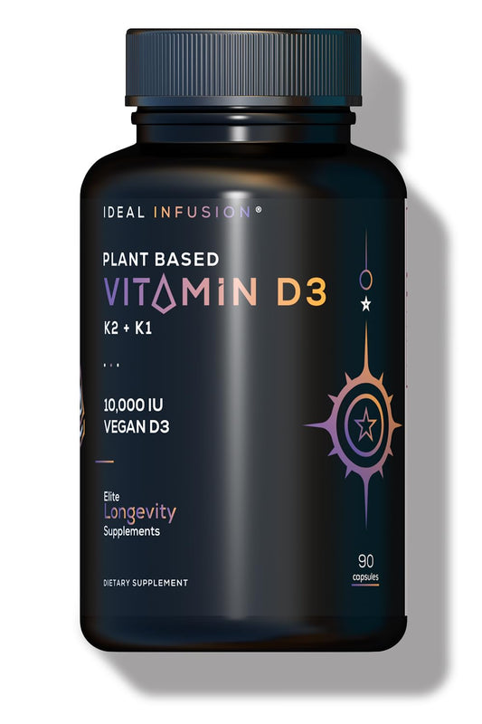 Ideal Infusion bottle front shows vegan D3 + K2 + K1 formula for immune support and bone health