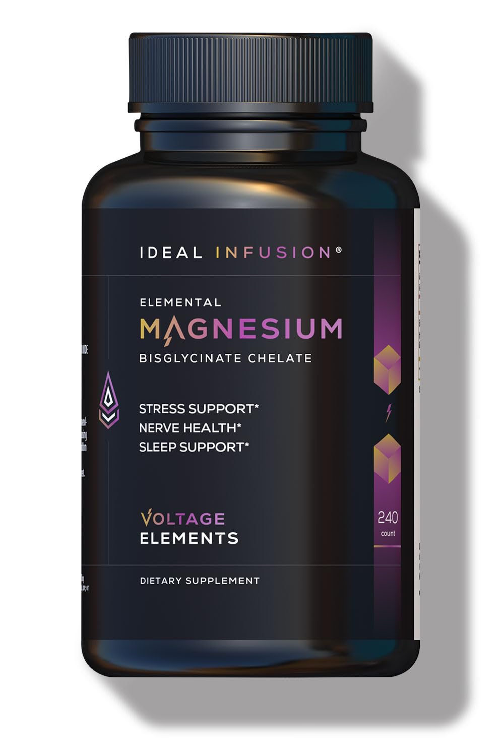 Ideal Infusion Voltage Elements bottle label highlights elemental magnesium glycinate for gentle absorption.