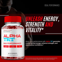 IDEAL PERFORMANCE Alpha TRT Gummies label close-up emphasizes natural approach.