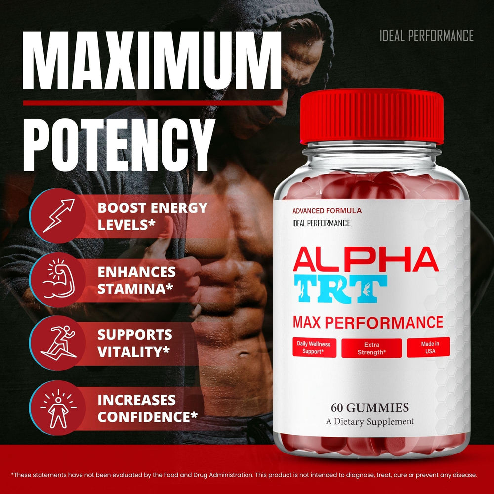 IDEAL PERFORMANCE Alpha TRT Gummies label detail showing natural ingredients list.
