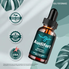 Audifort tinnitus drops 3-pack packaging signals value and ongoing use.