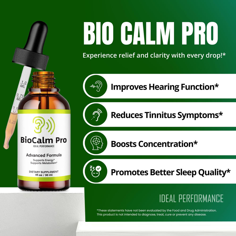 Bio Calm Pro Tinnitus Drops label close-up with natural ingredients.