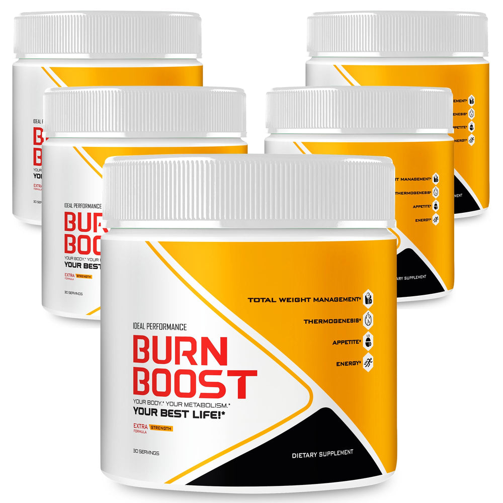 IDEAL PERFORMANCE Burn Boost Powder tub ready for training, quick energy support.