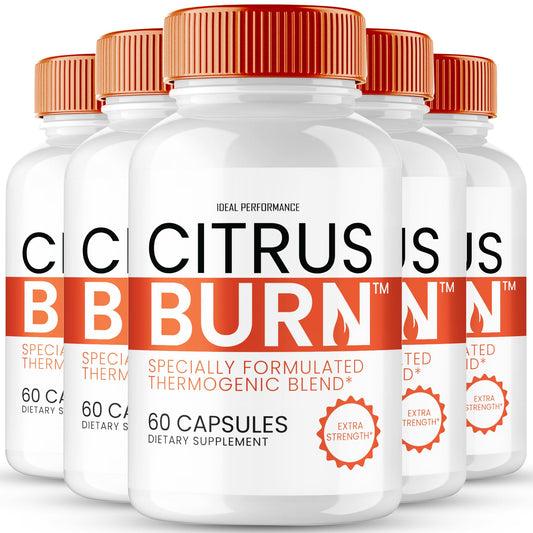 IDEAL PERFORMANCE Citrus Burn capsules bottle front; supports an active lifestyle with natural ingredients.