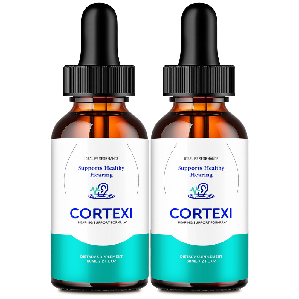 IDEAL PERFORMANCE Cortexi bottle pour illustrates easy-to-use tinnitus relief drops.