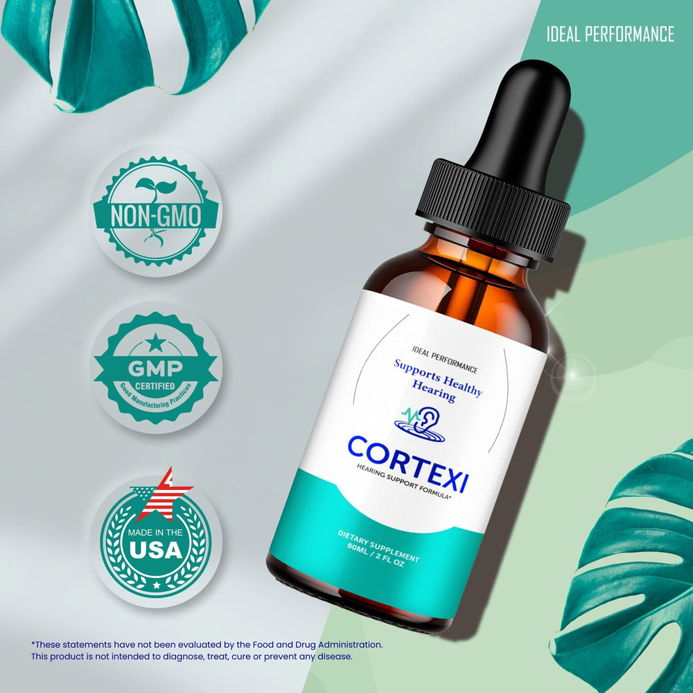 IDEAL PERFORMANCE Cortexi tinnitus relief packaging on table conveys premium accessibility.