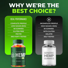 IDEAL PERFORMANCE Evergreen Hemp Gummies label closeup with clear dosage info.