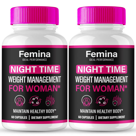 IDEAL PERFORMANCE Femina Nighttime Capsules bottle on shelf, premium packaging for daily wellness.
