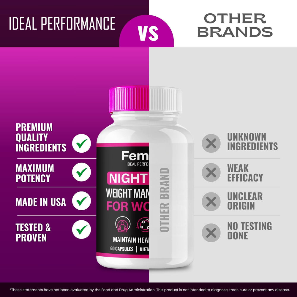 IDEAL PERFORMANCE Femina Nighttime Capsules tea-time setup, bedtime convenience.