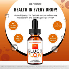 IDEAL PERFORMANCE Gluco Flow Drops label shows ingredients and usage notes